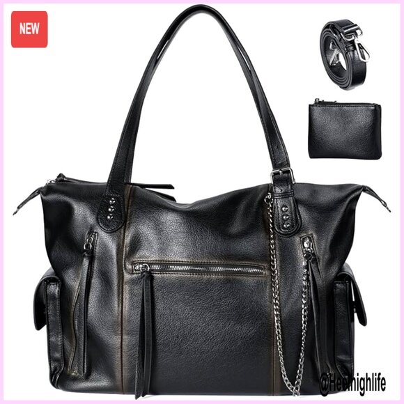Vegan Leather Hobo Tote Bag Adjustable Strap Laptop Compartment Multi-Pocket